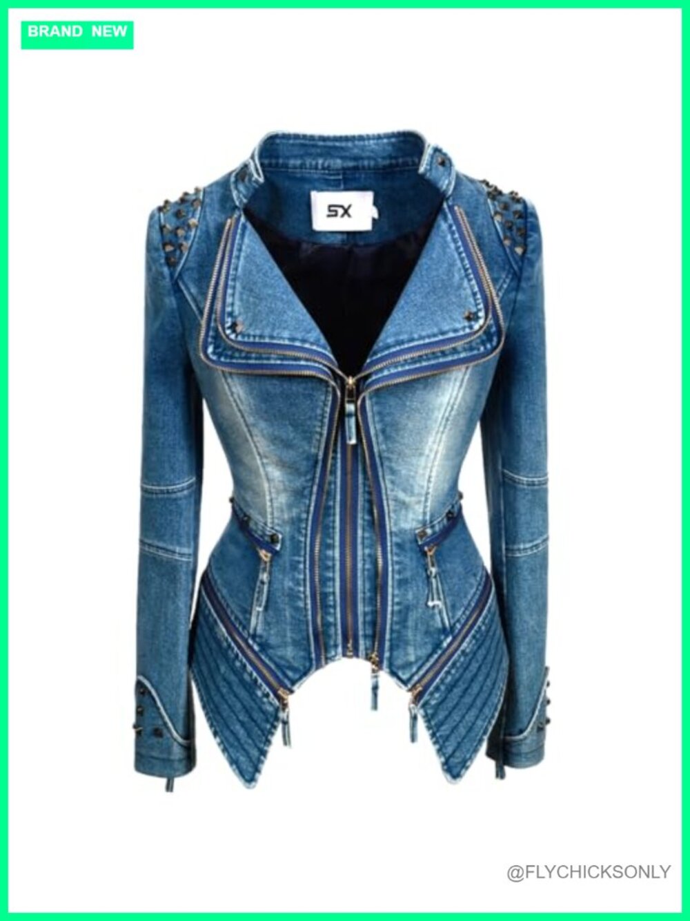 Faux Leather Moto Biker Jacket Zip Up Structured Shoulders Studded Denim Style